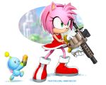  1girl absurdres amy_rose chao_(sonic) dress english_commentary eyelashes full_body furry furry_female green_eyes grenade_launcher highres mathias_leth pink_fur red_dress red_footwear running sonic_(series) weapon weapon_request 