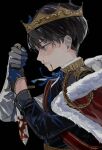  black_background blood blood_on_face blood_on_weapon blue_eyes commentary crown dagger english_commentary gloves highres holding holding_dagger holding_weapon knife long_sleeves looking_to_the_side original ponn_mame royal royal_robe short_hair simple_background weapon 