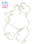  2022 almond_tora anthro balls belly big_belly eyes_closed flaccid genitals japanese_text kemono lying male mammal micropenis minichin_chubby_day moobs nipples overweight overweight_male penis sleeping small_penis solo text ursid 