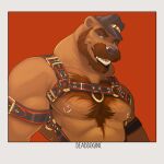  absurd_res anthro bambii_dog beard biceps blue_eyes body_hair brown_bear brown_beard brown_body brown_fur brown_mustache chest_hair clothing dominant dominant_anthro dominant_male eyebrows facial_hair fur grizzly_bear harness hat headgear headwear henry_harris_baxter hi_res male mammal muscular muscular_anthro muscular_male mustache nipple_piercing nipple_ring nipples open_mouth open_smile pecs piercing pinup pose smile solo teeth tongue ursid ursine 