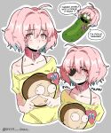  04119_snail 1girl absurdres ahoge collar earrings eyepatch fang grey_background highres idolmaster idolmaster_cinderella_girls index_fingers_together jewelry looking_at_viewer morty_smith multiple_views off-shoulder_shirt off_shoulder pickle_rick pink_collar pink_eyes pink_hair rick_and_morty shirt short_hair skin_fang yumemi_riamu 