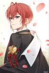  1boy ahoge bangs blue_eyes brooch coat_dress crown flower grey_eyes heart heart_ahoge highres jacket jewelry kwakah looking_at_viewer male_focus pale_skin petals red_hair riddle_rosehearts rose school_uniform shirt short_hair simple_background solo twisted_wonderland 