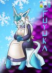  2022 anthro apron blue_body blue_eyes blue_fur bodily_fluids breasts clothing drooling eeveelution female fur fuyuka_fumei glaceon hair hands_in_lap hi_res ice long_hair nintendo one_eye_closed pok&eacute;mon pok&eacute;mon_(species) saliva sitting solo tetsushi tired video_games white_hair 