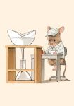  animal animal_ears beaker chair commentary_request desk fujiwara_yoshito funnel glass labcoat mouse mouse_ears mouse_tail original pink_background science simple_background sitting tail white_headwear writing 