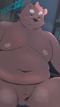  2022 anthro balls belly big_belly black_nose blush bookshelf censored furniture genitals hi_res inside japanese_text kemono male mammal menmen_kesinn micropenis minichin_chubby_day moobs navel nipples overweight overweight_male penis sitting small_penis solo text ursid 