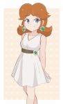  1girl alternate_costume bare_arms bare_shoulders belt blue_eyes border brown_hair casual chocomiru closed_mouth dress dress_shirt earrings eyebrows_visible_through_hair jewelry looking_at_viewer mario_(series) nose polka_dot polka_dot_background princess_daisy shirt smile solo sundress v_neck white_border white_dress 