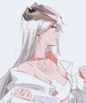  1girl arknights bra breasts cleavage dragon_horns earclip eyebrows_visible_through_hair grey_hair hair_between_eyes horns large_breasts long_hair looking_at_viewer off_shoulder open_clothes open_shirt orange_eyes saria_(arknights) shirt simple_background solo underwear upper_body white_background white_bra white_shirt yoshimi_(yasinatongren) 