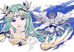  1boy 1girl angel angel_wings bracer brown_hair claw_(weapon) collarbone cropped_torso full_body green_hair kid_icarus kid_icarus_uprising noguchi_toshio open_mouth palutena parted_lips pit_(kid_icarus) sandals size_difference smile weapon wings 