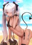  1girl absurdres artist_name bangs bikini black_bikini black_bow blue_archive blue_sky blush bow cloud commentary_request day demon_tail grey_hair hair_bow hair_over_one_eye halo highres horizon innertube iori_(blue_archive) leaning_forward nekoya_(liu) ocean open_mouth outdoors pointy_ears red_eyes side-tie_bikini signature sky solo standing swimsuit tail twintails twitter_username water 