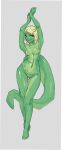  absurd_res anthro blonde_hair breasts genitals green_body green_skin green_tail hair hi_res lightningwolt lizard male nude pinup pose pussy reptile scalie simple_background small_breasts solo 