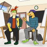  anthro anthrofied backpack beanie bottomwear bowser_jr. clothed clothing duo easel footwear fully_clothed furniture fuze hat headgear headwear hi_res koopa male mario_bros nintendo pants scalie shirt shoes sitting stool sweater topwear video_games 