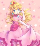  1girl agisato blood blue_eyes brooch crown dress earrings eyebrows_visible_through_hair floral_background jewelry long_sleeves mario_(series) nose open_mouth pink_background pink_dress princess princess_peach smile solo tiara 
