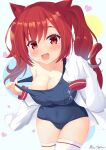  :d absurdres animal_ears azur_lane blush breasts cat_ears cat_girl cat_tail cleavage clothes_pull covered_navel fang heart highres i-19_(azur_lane) jacket large_breasts medium_hair open_clothes open_jacket oppai_loli pinesphere red_eyes red_hair school_swimsuit sleeves_past_fingers sleeves_past_wrists smile swimsuit swimsuit_pull tail thighhighs twintails 