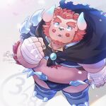  anthro armor belly blue_eyes blush bulge cape chernobog chibi clothing demon facial_hair fur hi_res horn lagoon_bluebear lifewonders male mustache pink_body pink_fur slightly_chubby solo thong tokyo_afterschool_summoners unconvincing_armor underwear video_games 