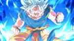  1boy aura battle_damage blue_sash blue_sky blurry blurry_background clenched_teeth dougi dragon_ball dragon_ball_super dragon_ball_super_broly glacier male_focus open_mouth rom_(20) sash sky solo son_goku teeth torn_clothes transformation ultra_instinct white_eyes white_hair 