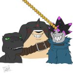  absurd_res anthro bandai_namco black_body black_fur blackagumon blackgargomon digimon digimon_(species) digimon_ghost_game fur green_eyes grin group grusgammamon hi_res horn humor long_ears male me_and_the_boys meme smile thatguy3331 