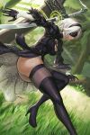  1girl \||/ ass black_dress black_footwear black_headband black_legwear blindfold boots bottomless breasts center_opening cleavage closed_mouth covering_eyes dress english_commentary flower foliage glowing grass headband hybridmink katana knee_up medium_breasts nier_(series) nier_automata outdoors patreon_username solo standing standing_on_one_leg sword thigh_boots thighhighs weapon white_hair yorha_no._2_type_b 