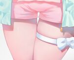  1girl andychen blue_jacket bow highres hip_focus hololive jacket lower_body open_clothes open_jacket pink_shorts short_shorts shorts simple_background solo thigh_gap thigh_strap tsunomaki_watame virtual_youtuber white_background white_bow 