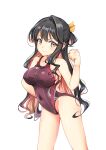  1girl absurdres black_hair breasts clenched_hand commentary_request competition_swimsuit cowboy_shot hair_ribbon half_updo highleg highleg_swimsuit highres kantai_collection large_breasts long_hair looking_at_viewer multicolored_hair naganami_(kancolle) one-piece_swimsuit pink_hair purple_swimsuit ribbon simple_background solo swimsuit two-tone_hair wavy_hair white_background yashin_(yasinz) yellow_eyes yellow_ribbon 