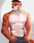  abs anthro clothing confidence domestic_cat felid feline felis furry fursona) half_naked hi_res leodoodles9 male mammal muscular nerd_(character) pantherine smile solo tiger underwear warm 