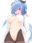  1girl ahoge bandaid bangs black_legwear blue_hair blush breasts breasts_apart condom condom_in_mouth crotch dress_shirt ganyu_(genshin_impact) genshin_impact groin hand_on_own_chest horns kurobe_18 large_breasts long_hair looking_at_viewer mouth_hold naked_shirt navel nose_blush purple_eyes shirt solo standing sweat thighlet thighs underboob white_background 