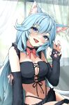  1girl :d absurdres animal_ear_fluff animal_ears aqua_hair bare_shoulders black_bra black_choker black_panties blue_eyes blue_hair bow bowtie bra breasts cat_ears choker claw_pose cleavage curtains detached_sleeves fangs frilled_bra frilled_panties frills hand_up head_tilt highleg highres indie_virtual_youtuber indoors kanase_ito large_breasts lingerie long_hair long_sleeves looking_at_viewer midriff navel open_mouth panties smile solo stomach tate_yukimi thigh_strap tongue tongue_out underwear underwear_only very_long_hair virtual_youtuber window 