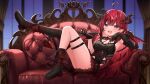  1girl :d ahoge bettle_(b_s_a_n) black_footwear black_horns black_legwear breasts cleavage couch demon_girl demon_wings elbow_gloves fang gloves horns indoors long_hair mako_lisa official_art on_couch pointy_ears re:act red_hair single_thighhigh sitting small_breasts smile solo thigh_strap thighhighs very_long_hair virtual_youtuber wings 