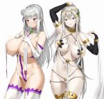  2girls absurdres alternate_breast_size alternate_costume areola_slip areolae arm_up bangs bare_shoulders blunt_bangs blush braid breast_curtains breasts bridal_gauntlets butterfly_hair_ornament circlet closed_mouth commentary_request commission covered_nipples dancer echidna_(re:zero) elbow_gloves elf emilia_(re:zero) eyebrows_visible_through_hair flower gem gloves hair_between_eyes hair_flower hair_ornament hand_up hands_on_own_breasts hands_up highres huge_breasts jewelry legs_apart long_hair looking_at_viewer multiple_girls navel o-ring pixel_(yuxian) pixiv_request pointy_ears purple_eyes re:zero_kara_hajimeru_isekai_seikatsu revealing_clothes silver_hair simple_background smile standing thighhighs thighs tsurime very_long_hair white_background white_flower white_gloves white_legwear 