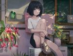  1girl :t air_conditioner black_hair blue_eyes bob_cut clothes_pin clothesline english_commentary engrish_commentary flower highres kgt_(pixiv12957613) knee_up miniskirt new_balance original plant potted_plant pout revision shirt shoes short_hair sitting skirt sneakers solo t-shirt vase 