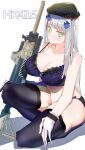  1girl absurdres assault_rifle bangs beret black_hair blunt_bangs bra breasts e_sky_rugo facial_mark girls&#039;_frontline green_eyes gun h&amp;k_hk416 hair_ornament hat highres hk416_(girls&#039;_frontline) kneeling large_breasts lingerie long_hair panties rifle silver_hair solo teardrop thighhighs underwear very_long_hair weapon wristband 