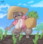  2022 3_toes 4_fingers absurd_res anthro areola areola_slip basket big_breasts bottomless breasts buckteeth carrot cleavage clothed clothing cloud container crouching dirt disney feet female fingers food genitals harvesting hi_res holding_object huge_breasts joaoppereiraus judy_hopps lagomorph leporid mammal nipples outside plant purple_eyes pussy rabbit sky solo sun_hat teeth thick_thighs toes tree vegetable zootopia 