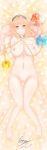  1girl absurdres ahoge areolae artist_name bangs bar_censor bare_arms bare_legs bare_shoulders barefoot bed blonde_hair blush breasts censored chain choker closed_mouth commentary_request earth_(ornament) eyebrows_visible_through_hair eyes_visible_through_hair fingernails gold_chain grey_choker grey_headwear hair_between_eyes hand_on_own_chest hands_up hecatia_lapislazuli hecatia_lapislazuli_(moon) highres large_breasts long_fingernails looking_up lying moon_(ornament) navel nipples on_back orange_eyes pillow polka_dot polos_crown pussy short_hair signature smile solo stomach toenails tonakana touhou underworld_(ornament) 