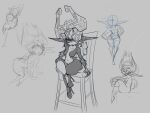  1girl ass aztec bent_over blush chair closed_mouth collarbone crossed_legs fang fang_out grey_background greyscale half-closed_eyes hand_on_own_knee hands_on_hips helmet high_heels highres long_hair malcontent midna monochrome multiple_views navel pointy_ears sitting sketch the_legend_of_zelda the_legend_of_zelda:_twilight_princess 