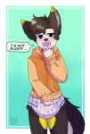 anthro biped black_body black_ears black_fur black_hair black_tail blue_eyes clothing diaper dipstick_ears english_text eyebrow_through_hair eyebrows front_view fur girly glistening glistening_eyes glistening_hair grey_inner_ear_fluff hair hi_res hoodie inner_ear_fluff looking_at_viewer male multicolored_ears orange_hoodie pacifier pink_diaper purple_diaper riddlr short_hair solo speech_bubble text topwear translucent translucent_hair tuft wearing_diaper white_body white_fur yellow_body yellow_ears yellow_fur 