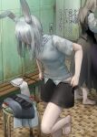  2girls absurdres alina_(arknights) animal_ears arknights black_dress black_skirt brown_hair changing_room dress eyebrows_visible_through_hair eyes_visible_through_hair frostnova_(arknights) grey_hair grey_panties grey_shirt grey_vest highres indoors long_hair multiple_girls panties pinafore_dress rabbit_ears scar scar_on_arm scar_on_face scar_on_nose shirt signature skirt solo_focus standing standing_on_one_leg tile_floor tiles underwear undressing vest welt_(kinsei_koutenkyoku) 