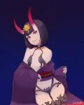  1girl absurdres artist_name bare_shoulders black_underwear blue_background breasts contrapposto cowboy_shot fate/grand_order fate_(series) hair_ornament highres horns japanese_clothes jueri kimono navel obi oni oni_horns purple_eyes purple_hair revealing_clothes sash short_hair shuten_douji_(fate) small_breasts smile thick_eyebrows underwear wide_sleeves 