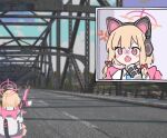  1girl anger_vein angry blue_archive blue_necktie blush bow bridge cat_ear_headphones gun hair_bow headphones highres jacket livestream lyrinne microphone momoi_(blue_archive) necktie open_mouth parody pewdiepie pink_eyes pink_jacket playerunknown&#039;s_battlegrounds red_bow rifle road sidelocks symbol-only_commentary video_game weapon 