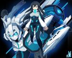  1girl aqua_eyes bangs black_bodysuit black_hair bodysuit breasts closed_mouth commentary_request covered_navel floating full_body gundam gundam_build_divers gundam_build_divers_re:rise hair_between_eyes jacket long_hair looking_at_viewer may_(gundam_build_divers_re:rise) mecha medium_breasts mobile_doll_may outline rtari shrug_(clothing) signature very_long_hair white_jacket white_outline wodom_pod 