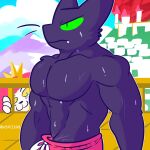  2022 anthro black_body black_fur blush bodily_fluids bottomwear cartoon_network clothed clothing cloud digital_media_(artwork) domestic_cat duo felid feline felis fizzyjay fur green_eyes hi_res king_snugglemagne_xxv lion male mammal mao_mao:_heroes_of_pure_heart muscular muscular_anthro muscular_male outside pantherine pecs sheriff_mao_mao_mao sky sweat topless topless_anthro topless_male 