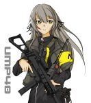  1girl armband bangs black_ribbon brown_hair character_name commentary_request expressionless girls&#039;_frontline green_jacket grey_hair gun h&amp;k_ump40 hair_between_eyes hair_ribbon jacket long_hair long_sleeves looking_at_viewer open_clothes open_jacket parted_lips ribbon simple_background ump40_(girls&#039;_frontline) upper_body walkie-talkie weapon white_background xlplace yellow_eyes 