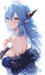  1girl bangs bare_shoulders blue_hair blue_nails blush breasts colored_tips demon_horns eyebrows_visible_through_hair from_side fur_trim hair_between_eyes hand_up haoni highres hololive horn_ornament horns large_breasts long_hair looking_at_viewer looking_to_the_side multicolored_hair nail_polish parted_lips pointy_ears revision simple_background smile solo streaked_hair tiara upper_body virtual_youtuber white_background yellow_eyes yukihana_lamy 