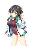  1girl absurdres black_hair breasts clenched_hand commentary_request competition_swimsuit cowboy_shot hair_ribbon half_updo highleg highleg_swimsuit highres hood hooded_jacket hoodie jacket kantai_collection large_breasts long_hair looking_at_viewer multicolored_hair naganami_(kancolle) one-piece_swimsuit pink_hair purple_swimsuit ribbon simple_background solo swimsuit two-tone_hair wavy_hair white_background white_jacket yashin_(yasinz) yellow_eyes yellow_ribbon 