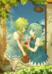  2girls absurdres apple basket blue_bow blue_dress blue_hair blue_sky bow cirno daiyousei day dress ekaapetto eye_contact fairy_wings flower food fruit grass green_eyes green_hair hair_bow highres holding holding_food holding_fruit ice ice_wings looking_at_another multiple_girls open_mouth outdoors pinafore_dress profile puffy_short_sleeves puffy_sleeves shirt shoes short_hair short_sleeves sky standing sunflower touhou white_shirt wings 