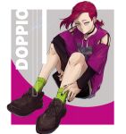  1boy alternate_costume black_nails brown_footwear choker freckles green_legwear highres hospital_0434 jojo_no_kimyou_na_bouken long_hair long_sleeves looking_at_viewer purple_hair purple_shirt shirt solo vento_aureo vinegar_doppio white_background yellow_eyes 