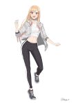  1girl absurdres black_footwear black_pants blonde_hair choker colored_tips crop_top full_body grey_jacket high-waist_pants highres jacket kitagawa_marin long_hair multicolored_hair navel pants pink_hair red_eyes shirt shoes simple_background sneakers sono_bisque_doll_wa_koi_wo_suru straight_hair user_yxwk7535 white_background white_shirt 