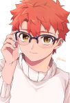  1boy bangs black-framed_eyewear blush commentary_request emiya_shirou eyebrows_visible_through_hair fate/hollow_ataraxia fate/stay_night fate_(series) glasses hair_between_eyes hand_up highres kamo_0707 light_blush light_smile long_sleeves looking_at_viewer male_focus orange_hair red_hair short_hair simple_background solo sweater sweater_around_neck twitter_username upper_body white_background white_sweater yellow_eyes 