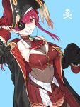  arrow_through_heart ascot breasts gold_trim haimura_kiyotaka hat heterochromia highres hololive houshou_marine large_breasts leotard leotard_under_clothes long_hair pirate pirate_hat red_ascot red_eyes red_hair see-through_leotard twintails 