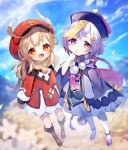  2girls ahoge backpack bag beads blonde_hair bloomers boots braid braided_ponytail brown_footwear brown_gloves cloud coin coin_hair_ornament dress elf feathers finger_to_mouth full_body genshin_impact gloves hair_ornament hat hat_feather highres jiangshi klee_(genshin_impact) knee_boots long_hair looking_at_viewer low_twintails multiple_girls ofuda open_mouth outdoors pantyhose pluie_nono pointy_ears ponytail purple_dress purple_eyes purple_footwear purple_hair purple_headwear qiqi_(genshin_impact) red_dress red_eyes red_headwear shoes sky sleeves_past_wrists smile talisman twintails underwear white_bloomers white_legwear 