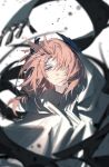  1boy arknights bangs blue_eyes commentary hair_over_one_eye head_wings highres jacket long_hair looking_at_viewer male_focus orange_hair passenger_(arknights) skade solo upper_body white_background white_jacket 