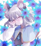  1girl animal_ear_fluff animal_ears bangs blue_capelet blue_flower blush capelet closed_mouth commentary crying crying_with_eyes_open crystal expressionless eyebrows_visible_through_hair flat_chest flower grey_hair grey_vest hair_between_eyes hall_jion hibiscus highres jewelry long_sleeves looking_at_viewer mouse_ears mouse_girl mouse_tail nazrin pendant red_eyes shirt short_hair solo tail tears touhou upper_body vest white_background white_shirt wiping_tears 
